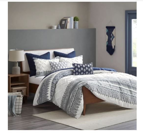 Mila Cotton Printed Duvet Cover Set with Chenille Navy thumbnail 2