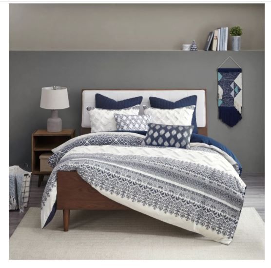 Mila Cotton Printed Duvet Cover Set with Chenille Navy thumbnail 3