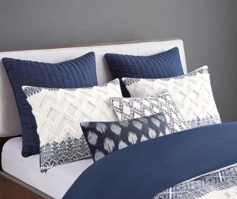 Mila Cotton Printed Duvet Cover Set with Chenille Navy No Insert-26"x20" thumbnail 2