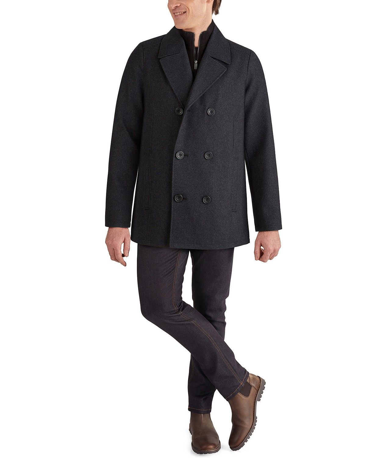 Mens Double Breasted Wool Blend Peacoat with Bib thumbnail 4