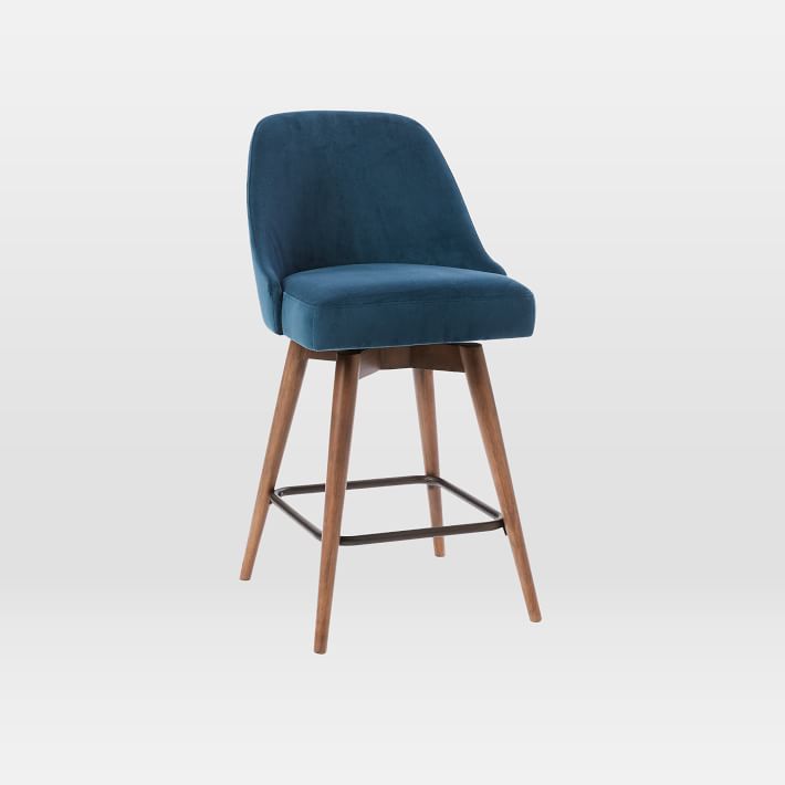 Mid-Century Upholstered Counter Stool,Performance Velvet,Petrol,Pecan thumbnail 2