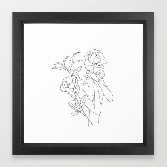 Minimal Line Art Woman with Peonies With Frame thumbnail 2