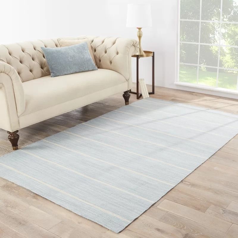 Krum Striped Handmade Flatweave Wool Blue White Area Rug-8'x10' thumbnail 2