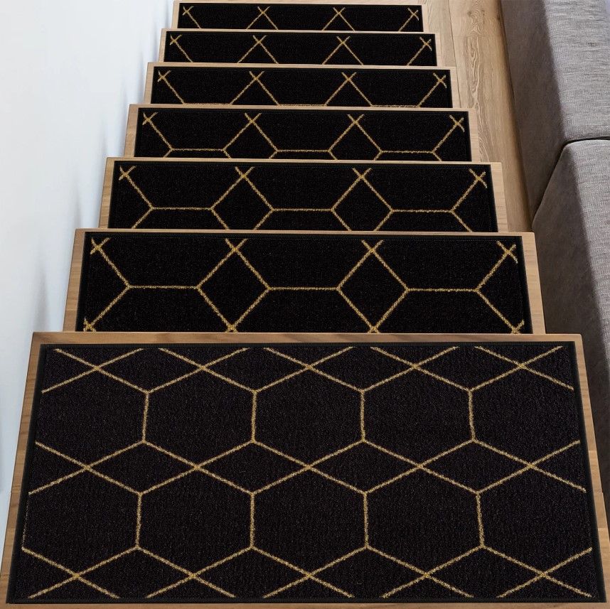 Black Tillison Hexagon Design Slip Resistant Stair Tread-8.5''x2'2'' thumbnail 2