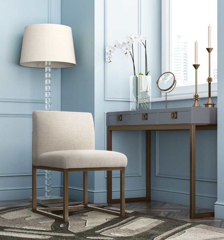 sleek beige linen chair in brass thumbnail 7