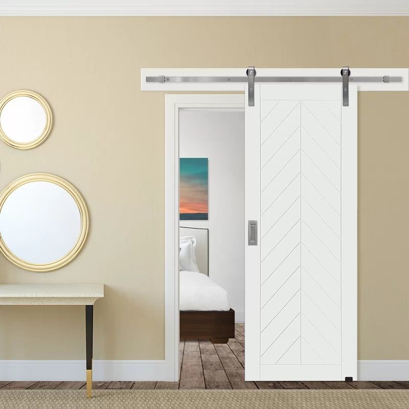 Paneled Manufactured Wood Primed Chevron Barn Door thumbnail 2