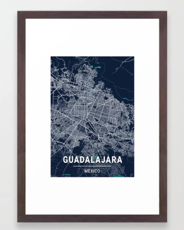 Guadalajara Blue Dark Color City Map Art Print With Frame thumbnail 2