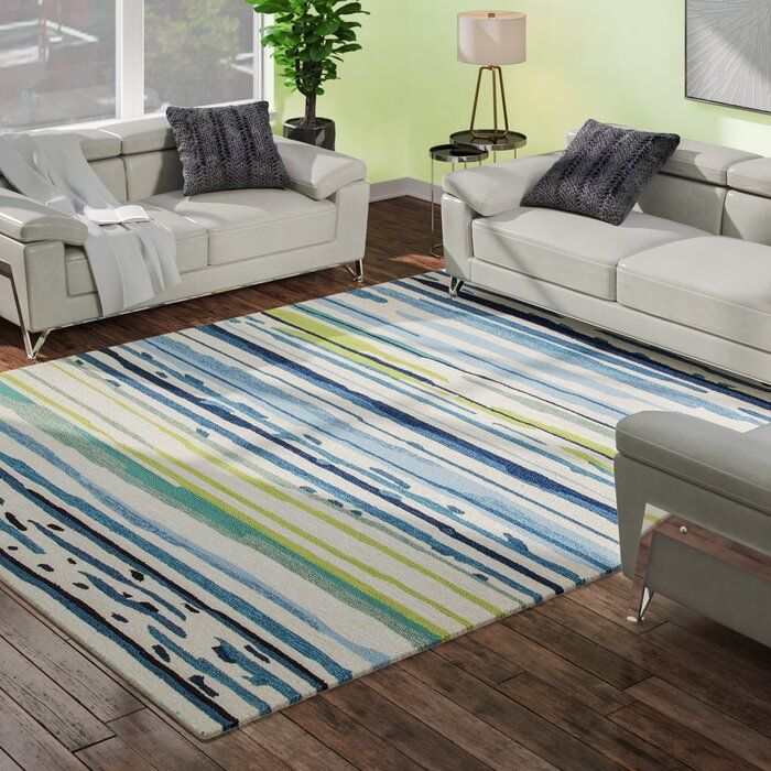 Dedrick Striped Handmade Looped Hooked Blue Light Green Indoor Outdoor Area Rug-10'x14' thumbnail 2