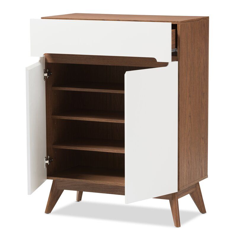 Mid Century Walnut 9 Pair Shoe Storage Cabinet thumbnail 2