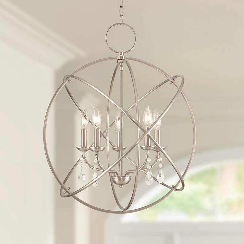 Wide Brushed Nickel Five Light Chandelier thumbnail 3