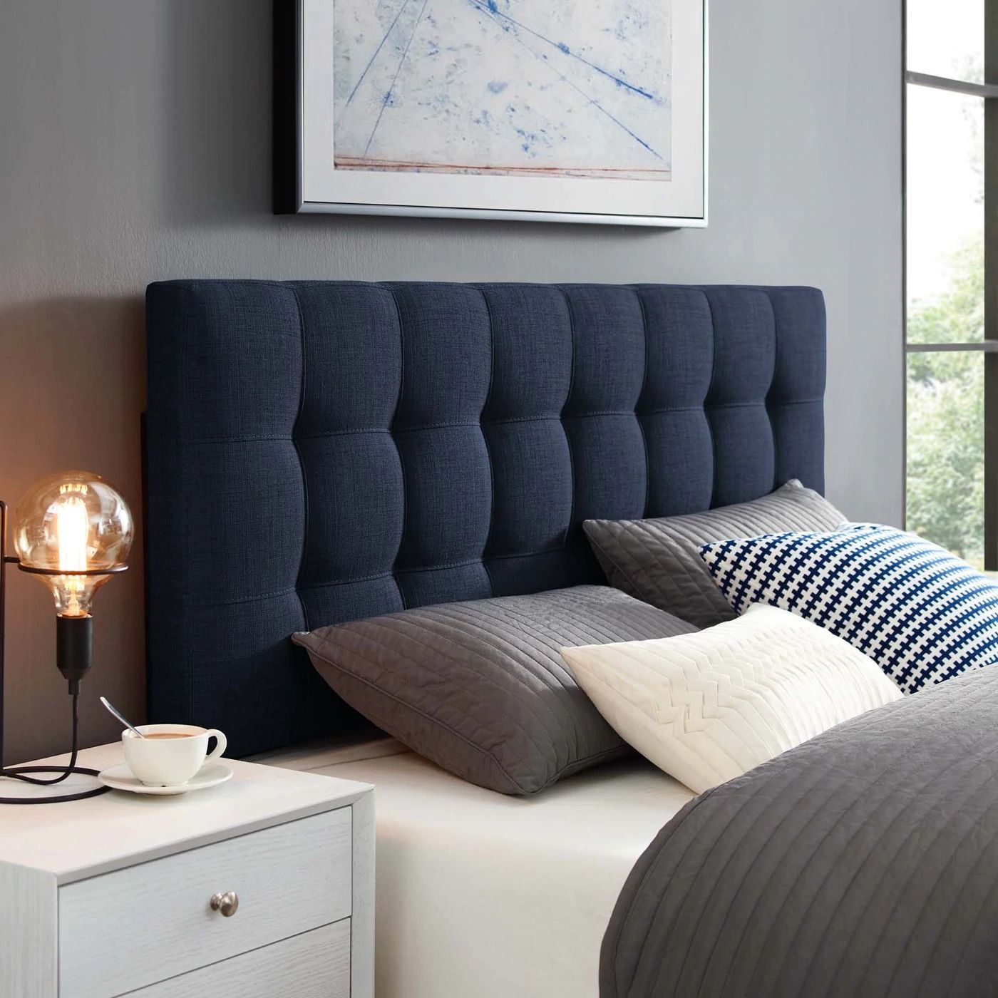 Lily Upholstered Fabric Queen Headboard in Navy thumbnail 2