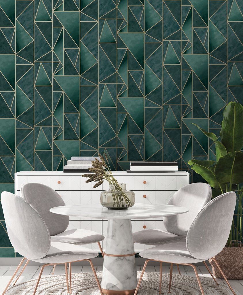 Bohemian Metallic Triangles Wallpaper in Green thumbnail 2