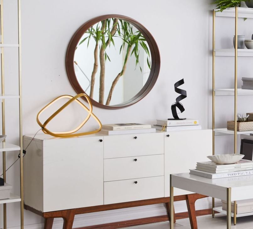 Wood Frame Ledge Round Wall Mirror thumbnail 2
