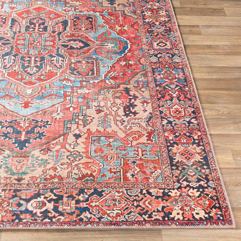 Crook Oriental Bright Red Beige Blue Area Rug thumbnail 4