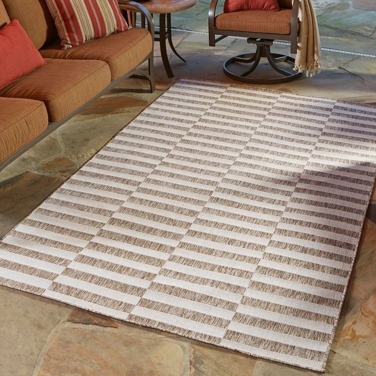 Striped Light Brown Ivory Indoor Outdoor Area Rug-4'x6' thumbnail 2