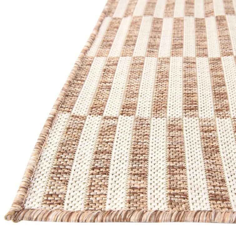 Striped Light Brown Ivory Indoor Outdoor Area Rug-4'x6' thumbnail 3