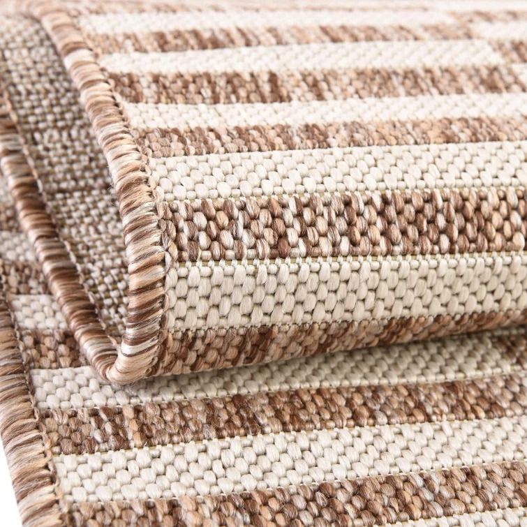 Striped Light Brown Ivory Indoor Outdoor Area Rug-4'x6' thumbnail 8