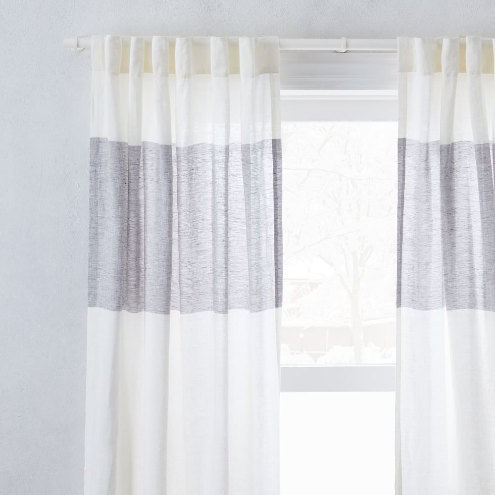 EUROPEAN FLAX LINEN CONTRAST STRIPE CURTAIN STONE WHITESLATE thumbnail 3