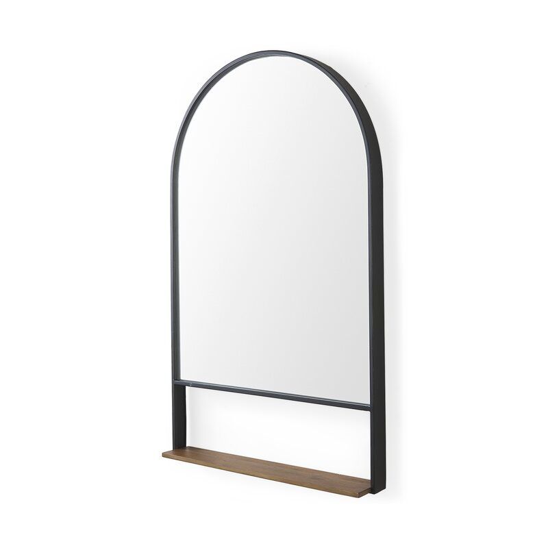 Gagny Black Metal Frame Brown Wooden Shelf Arched Wall Mirror thumbnail 2