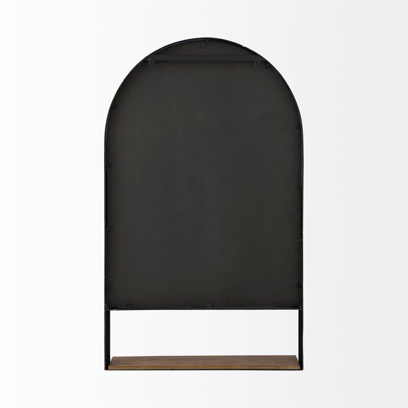 Gagny Black Metal Frame Brown Wooden Shelf Arched Wall Mirror thumbnail 3
