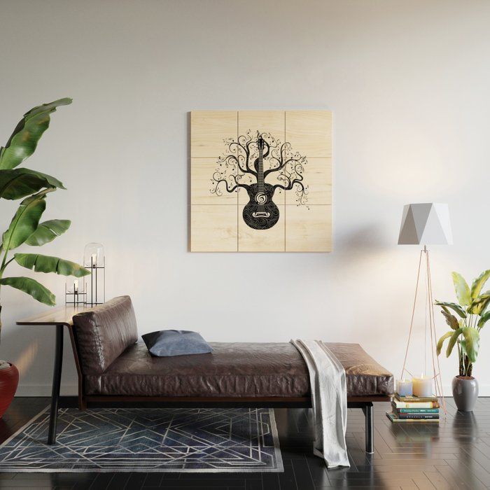 GUITAR SILHOUETTE WITH TREE BRANCHES AND MUSIC NOTES WOOD WALL ART thumbnail 2