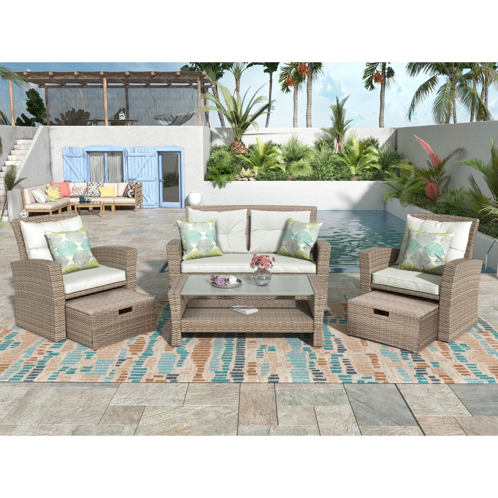 4 PIECE PATIO FURNITURE SET RATTAN SECTIONAL SEATING GROUP WITH OTTOMAN AND CUSHIONS SETS WITH COFFEE TABLE thumbnail 4