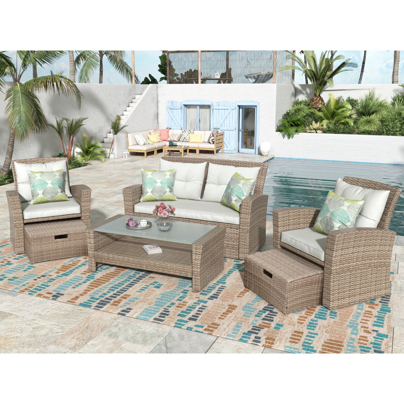 4 PIECE PATIO FURNITURE SET RATTAN SECTIONAL SEATING GROUP WITH OTTOMAN AND CUSHIONS SETS WITH COFFEE TABLE thumbnail 5