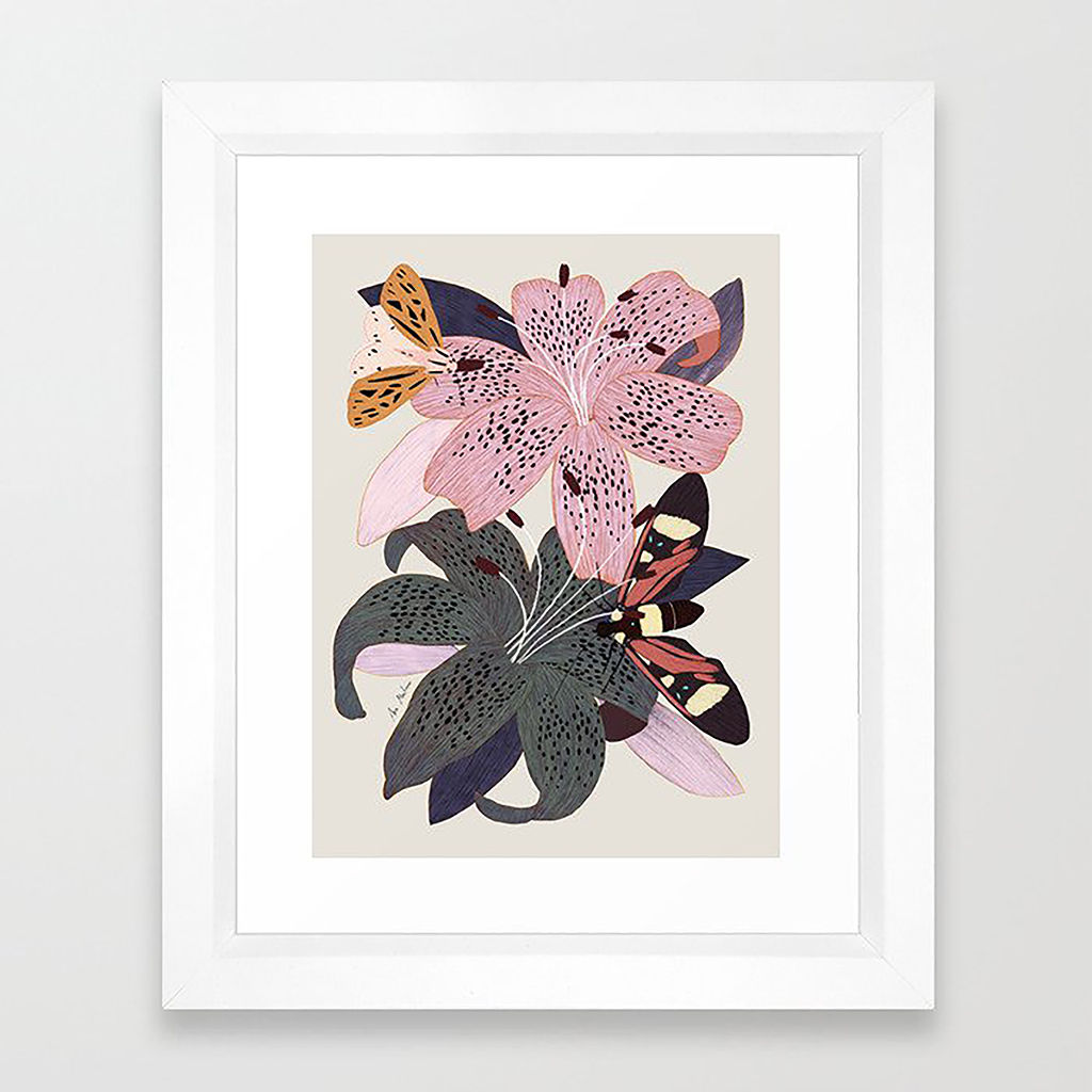 LILIES AND BUTTERFLIES INSECTS FRAMED ART PRINT WITH FRAME thumbnail 2
