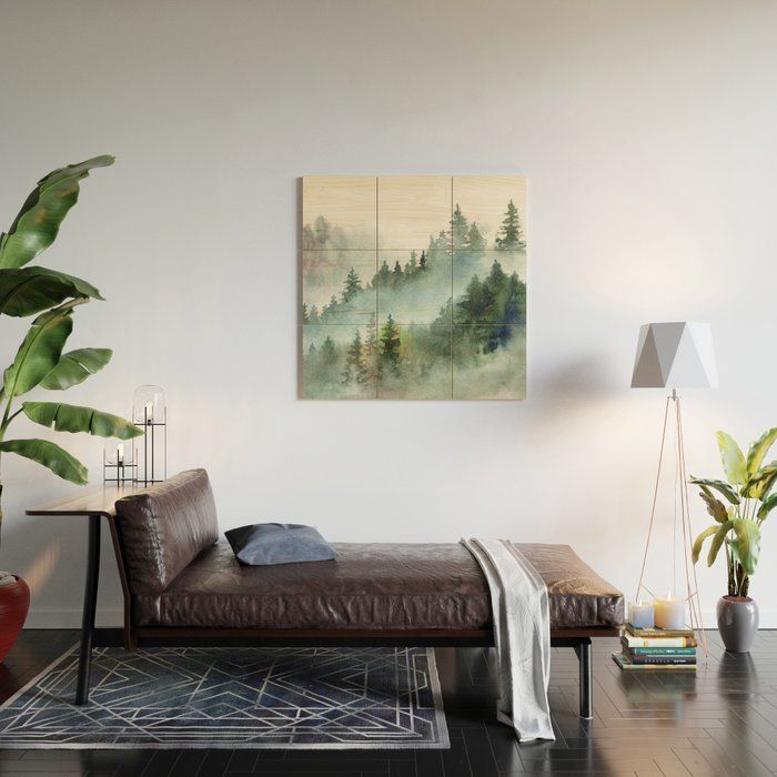 Watercolor Pine Forest Mountains in the Fog Wood Wall Art thumbnail 2