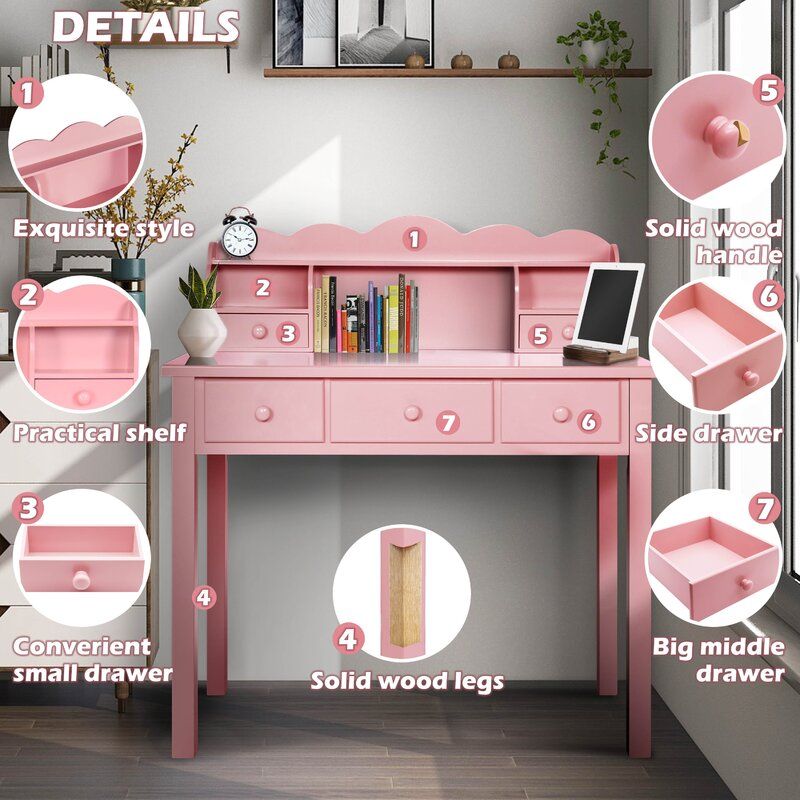 Writing Desk With 5 Drawers And Hutch Shelf thumbnail 7