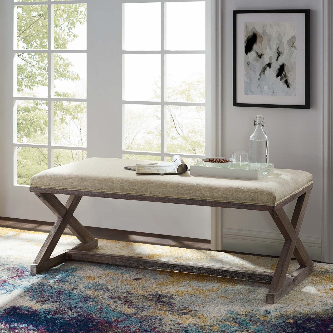 Province Vintage French X Brace Upholstered Fabric Bench thumbnail 5