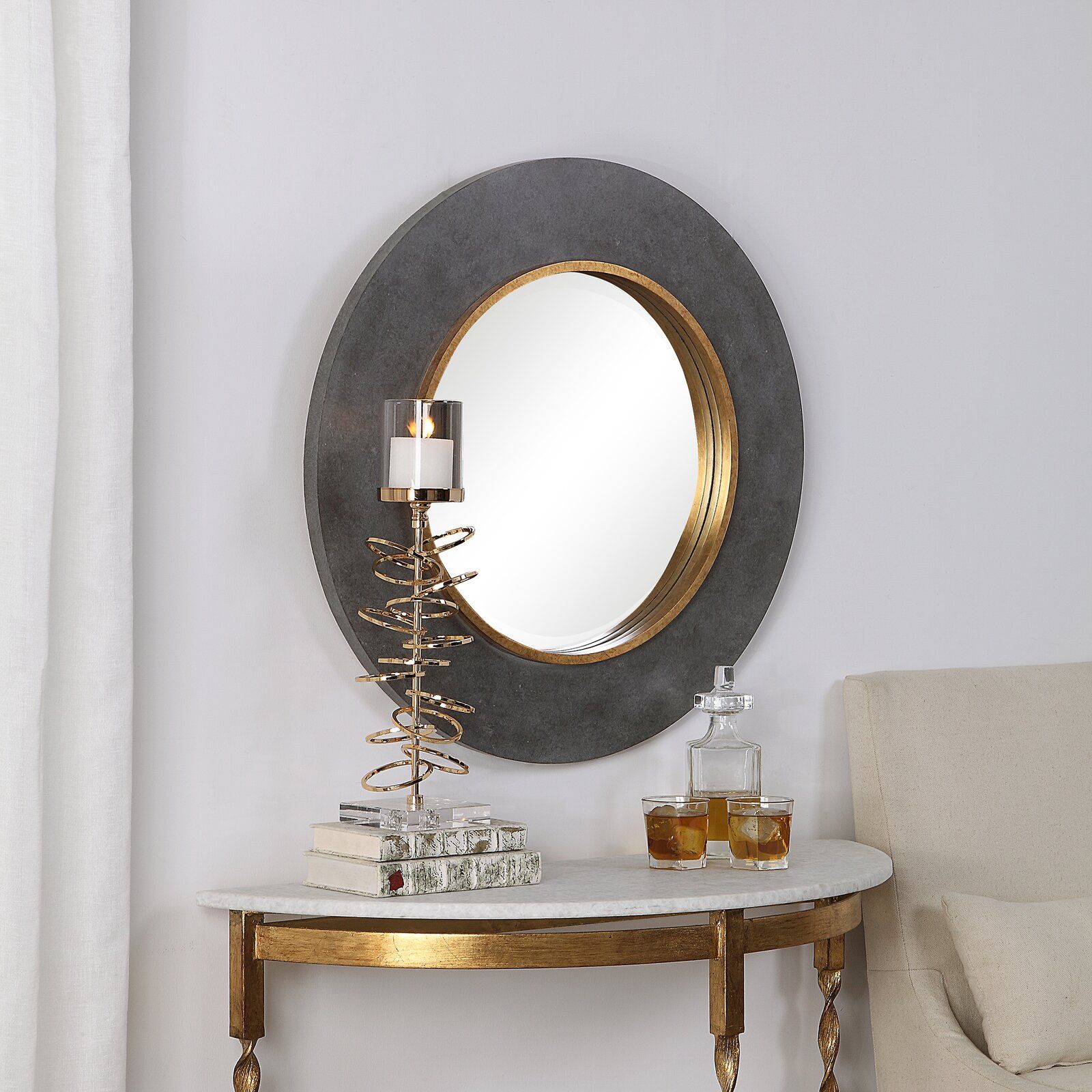 Zena Round Beveled Distressed Accent Mirror thumbnail 3