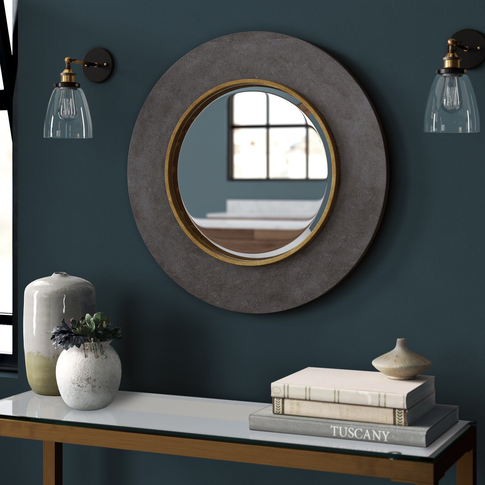 Zena Round Beveled Distressed Accent Mirror thumbnail 5