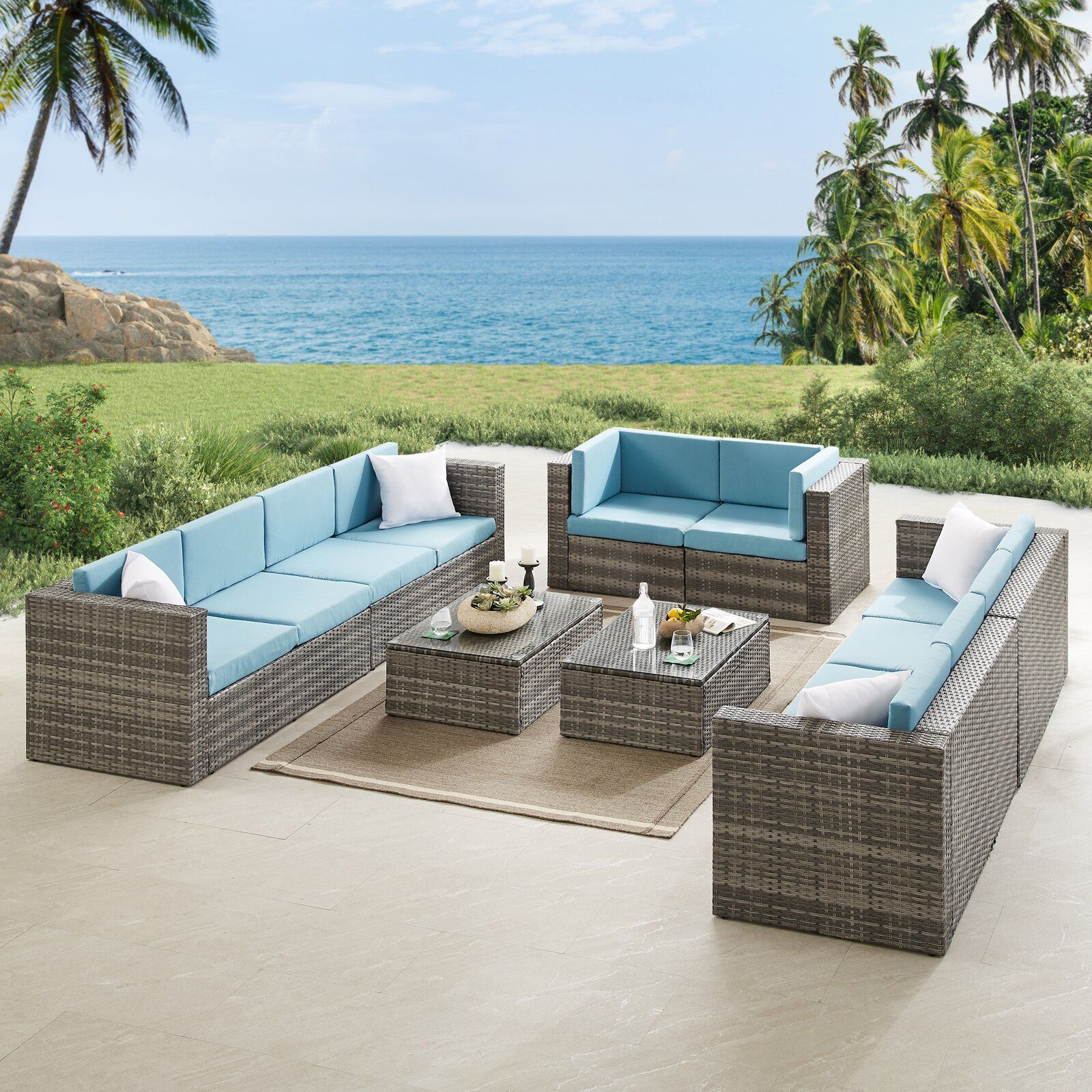 Engelhardt Wicker Rattan 10 Person Seating Group with Cushions Set of 2 thumbnail 4
