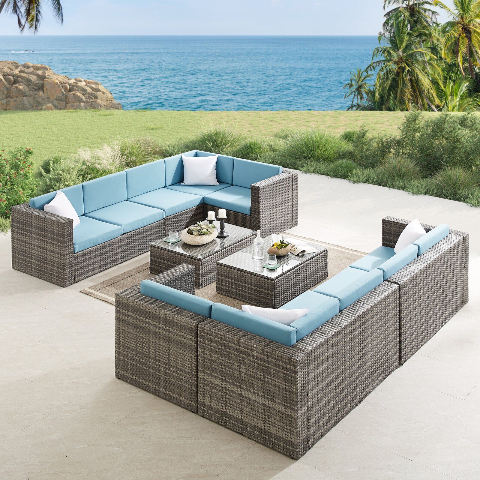 Engelhardt Wicker Rattan 10 Person Seating Group with Cushions Set of 2 thumbnail 5