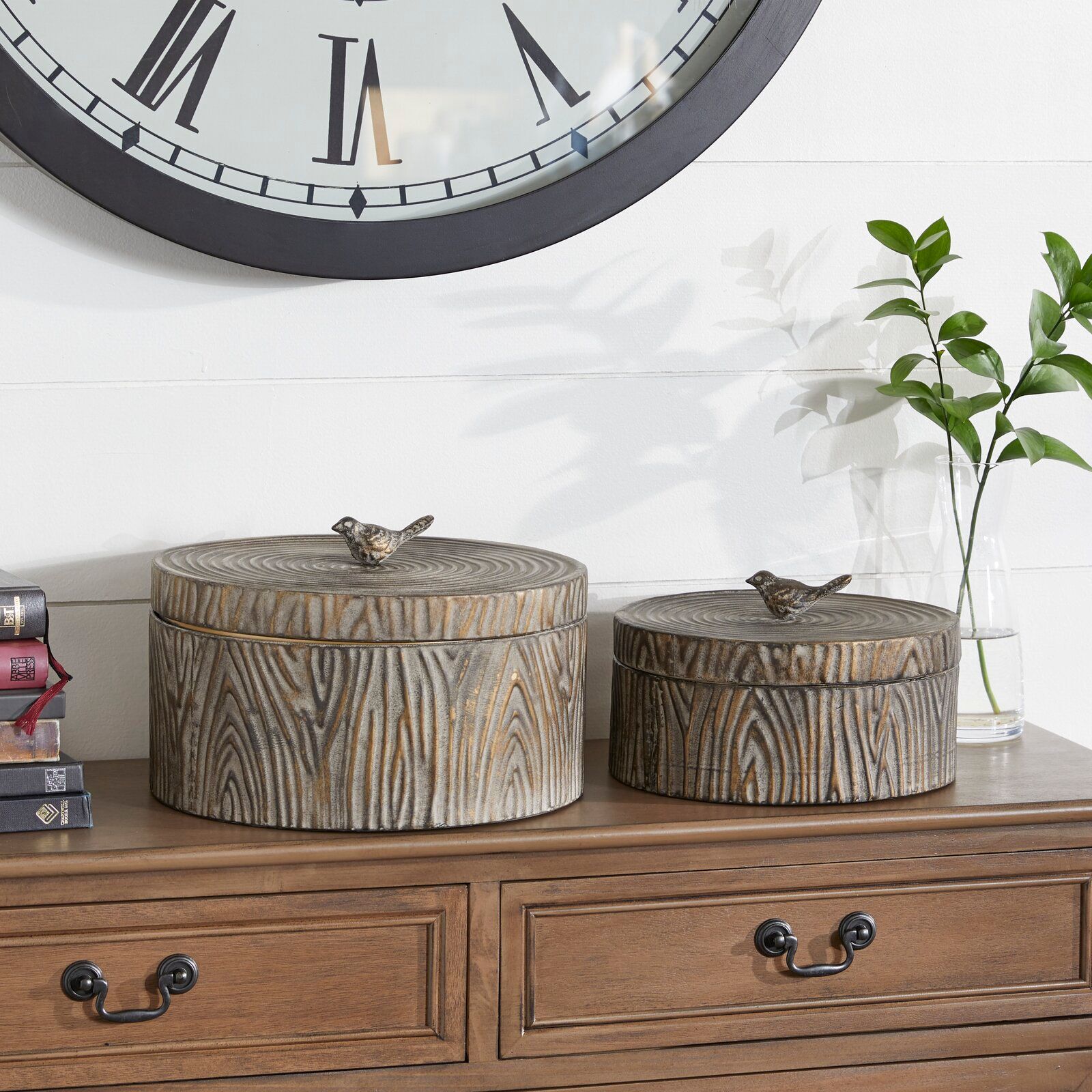 Tree Bark Texture and Bird Handled Lid 2 Piece Metal Box Set thumbnail 3