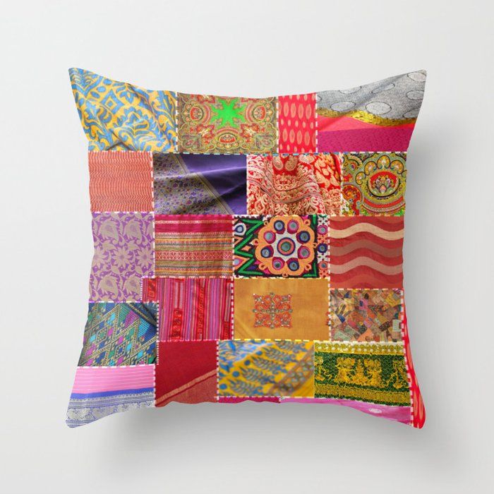Boho Sari Patchwork Quilt Throw Pillow With Insert thumbnail 2