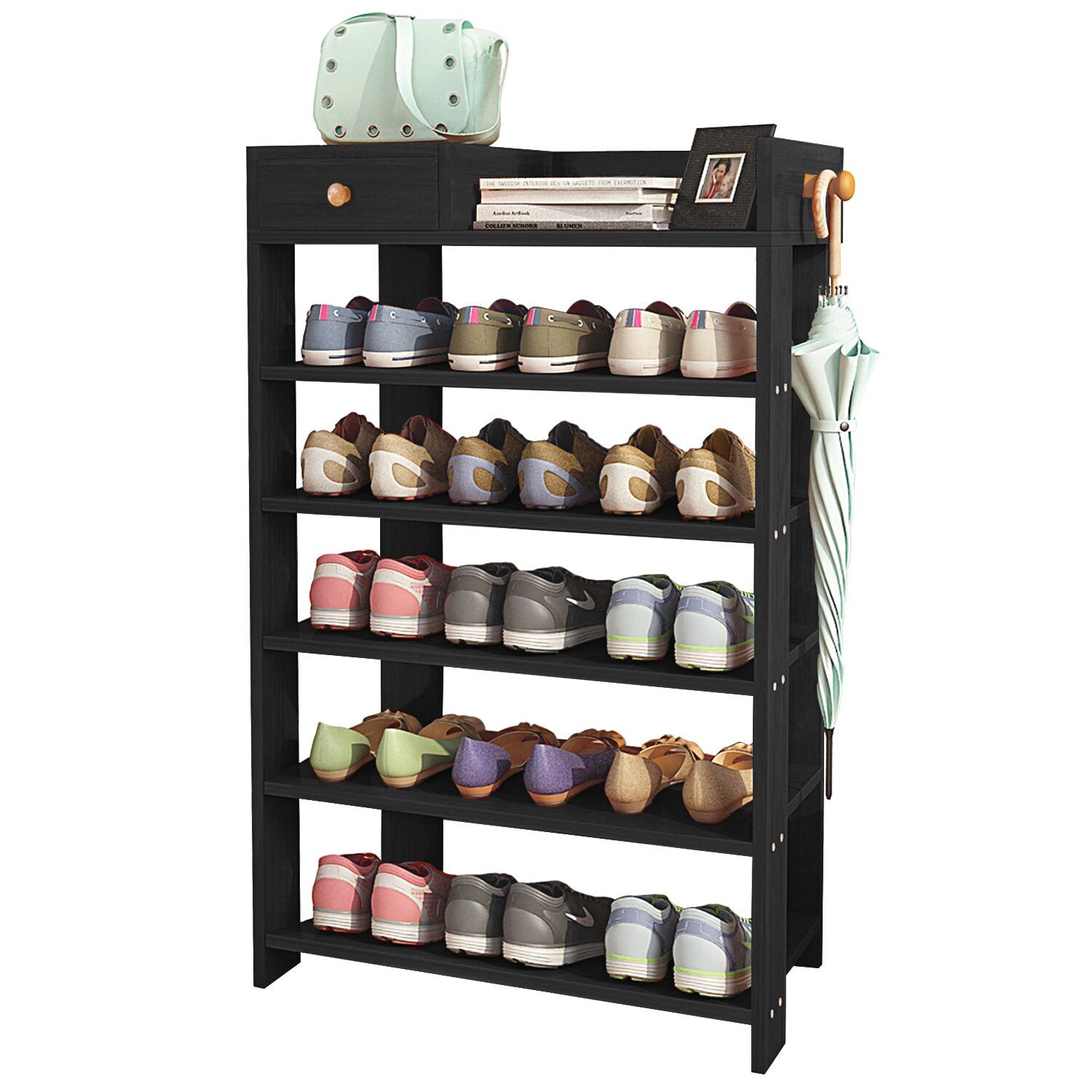 Black Wood Storage 15 Pair Shoe Rack thumbnail 4