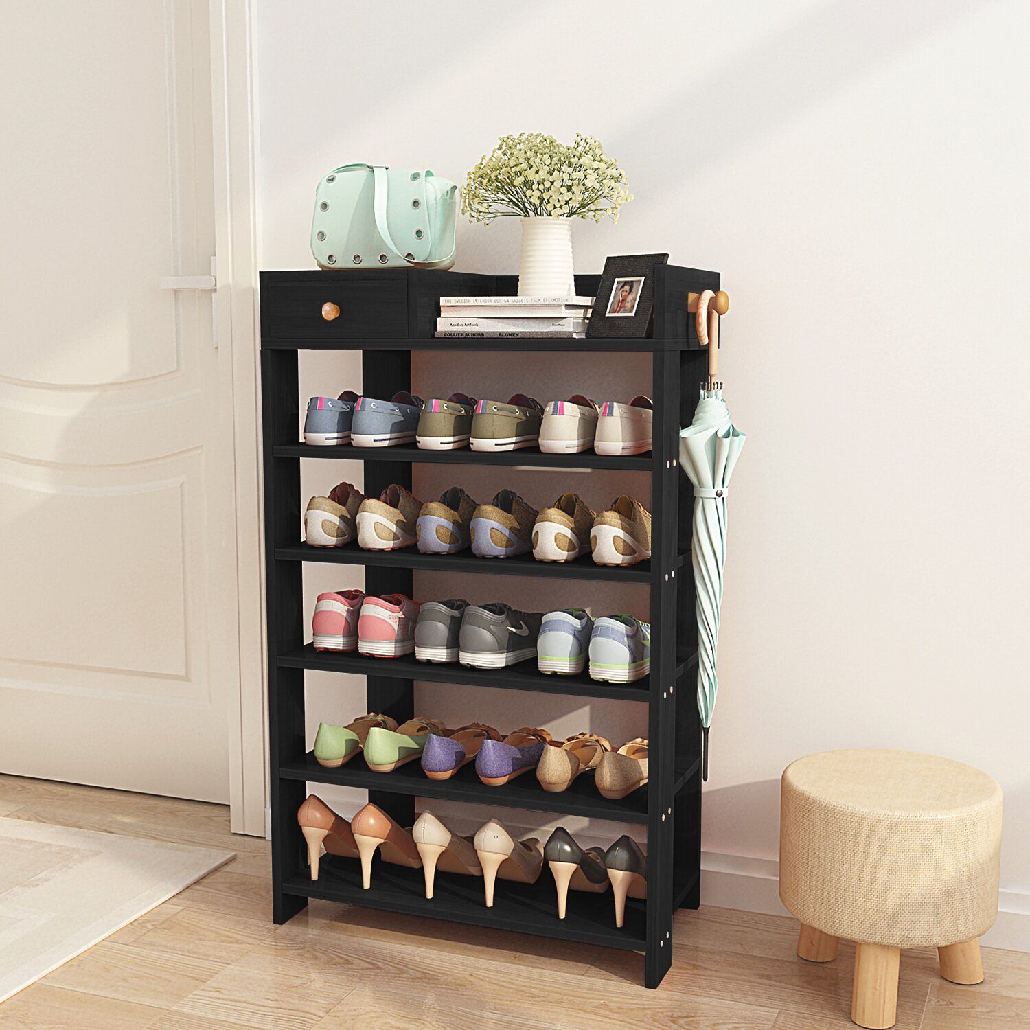 Black Wood Storage 15 Pair Shoe Rack thumbnail 5