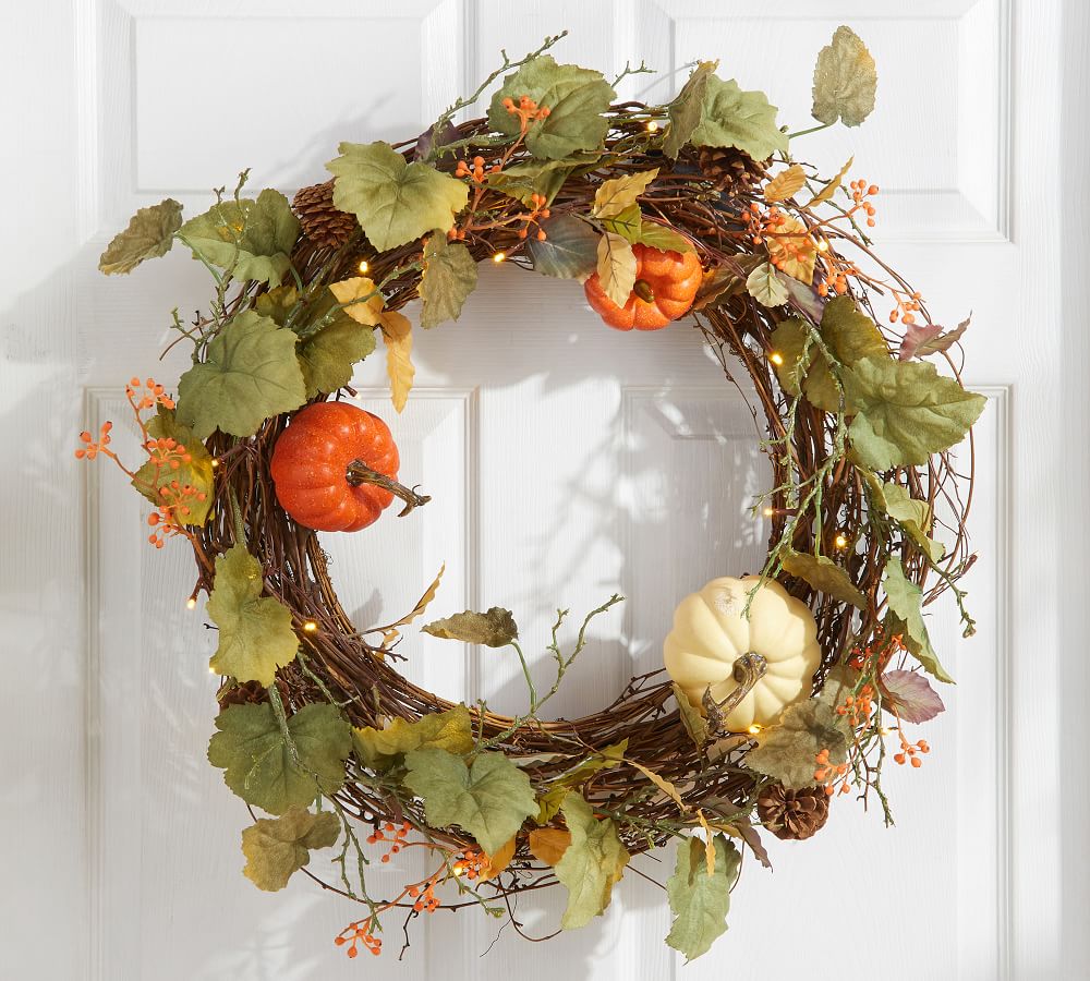 Lit Natural Pumpkin Wreath thumbnail 2