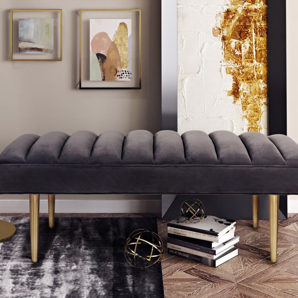 Celine Modern Classic Grey Velvet Upholstered Gold Steel Bench thumbnail 2