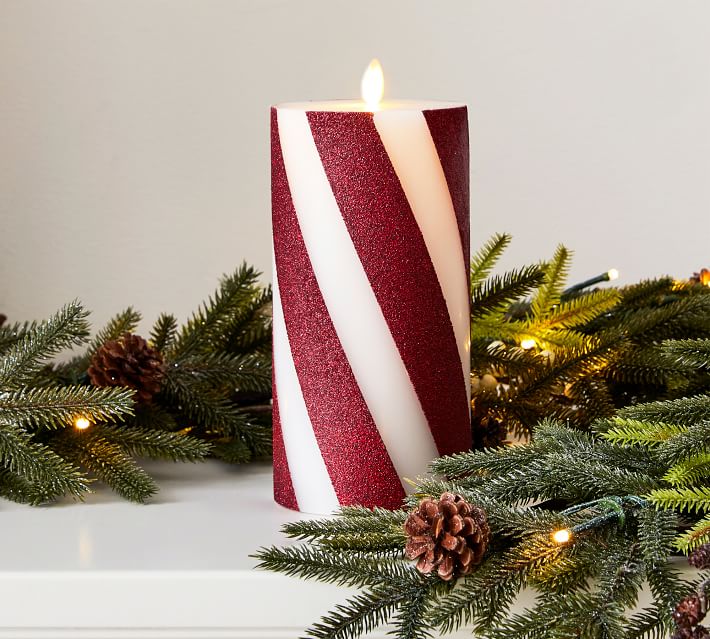 Premium Flickering Flameless Wax Pillar Candles Candy Stripe thumbnail 2