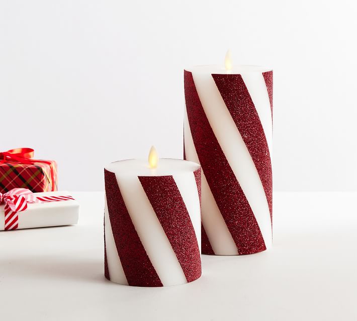 Premium Flickering Flameless Wax Pillar Candles Candy Stripe thumbnail 3
