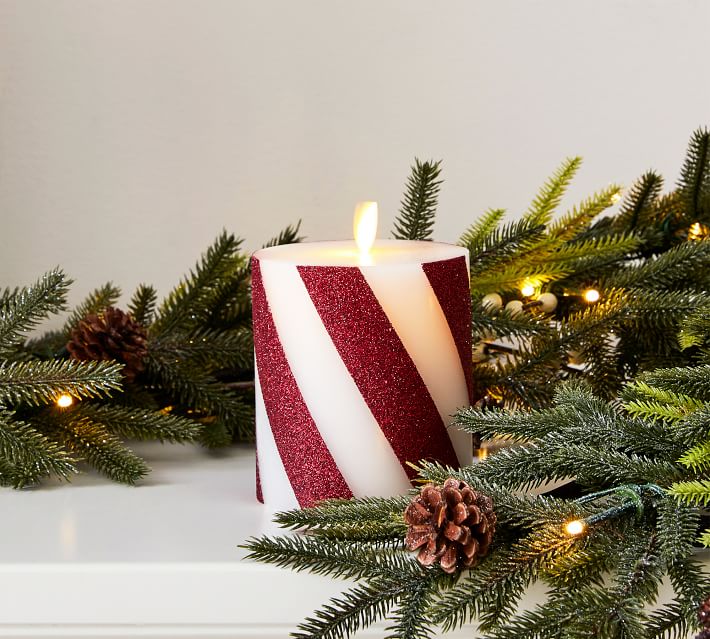 Premium Flickering Flameless Wax Pillar Candles - Candy Striped thumbnail 4