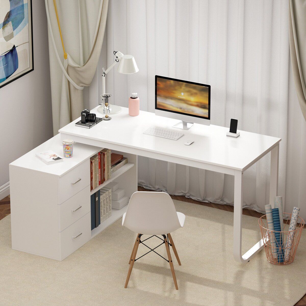 L Shaped Desk With Storage Shelf thumbnail 4