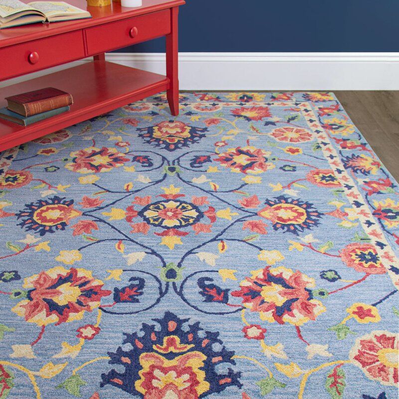 Williamsburg Floral Handmade Tufted Wool Blue Orange Area Rug 5'6"x8'6" thumbnail 2