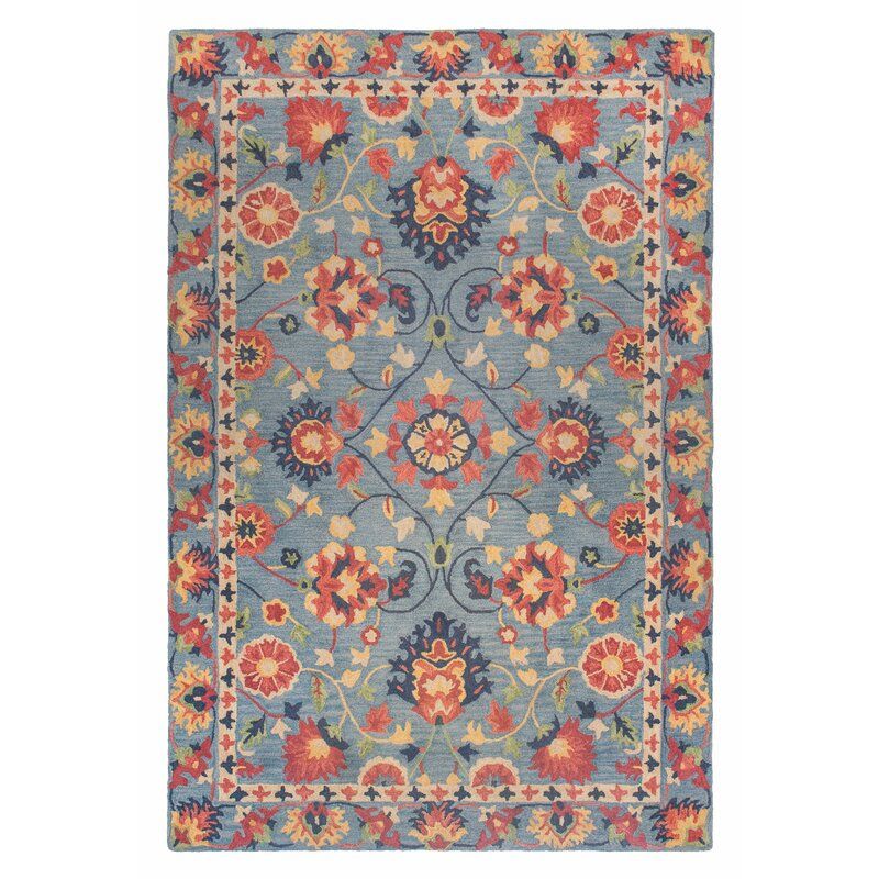 Williamsburg Floral Handmade Tufted Wool Blue Orange Area Rug 5'6"x8'6" thumbnail 3