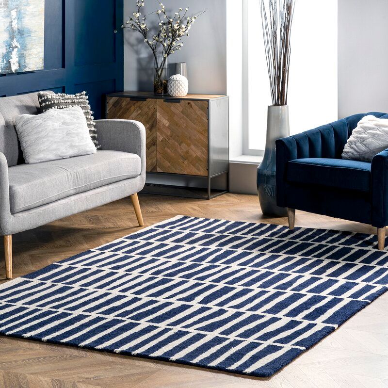 Lauderhill Handmade Tufted Wool Navy White Area Rug 9'x12' thumbnail 4