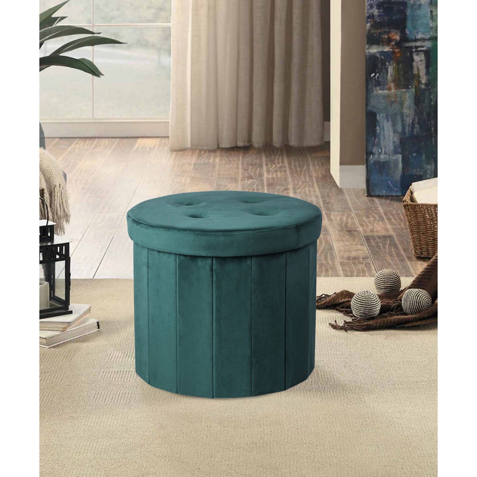 Upper Stanton Velvet Tufted Round Ottoman with Storage thumbnail 2