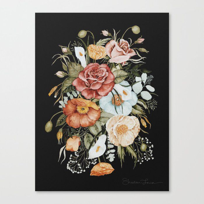 Roses and Poppies Bouquet on Charcoal Black Canvas Print No Frame-18"x24" thumbnail 4